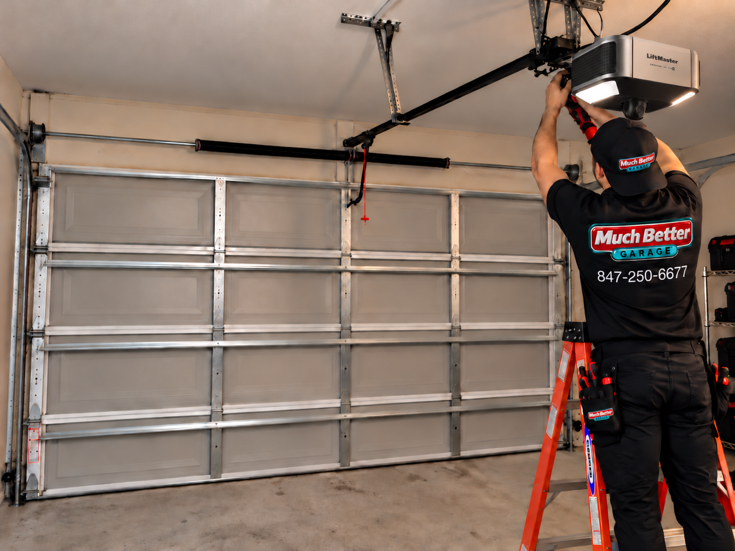 Much Better Garage technician servicing a LiftMaster garage door opener